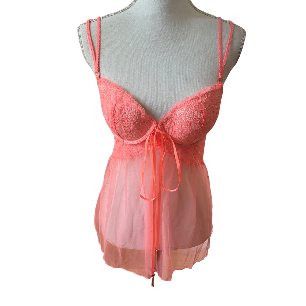 Victoria's Secret Coral Orange Babydoll Lingerie 36C Sheer Coquette Boudoir Lace
